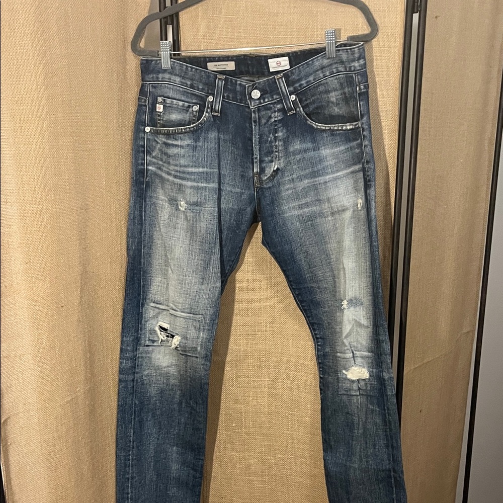 AG Adriano Goldschmied Men's THE MATCHBOX Blue Distressed Slim Jeans